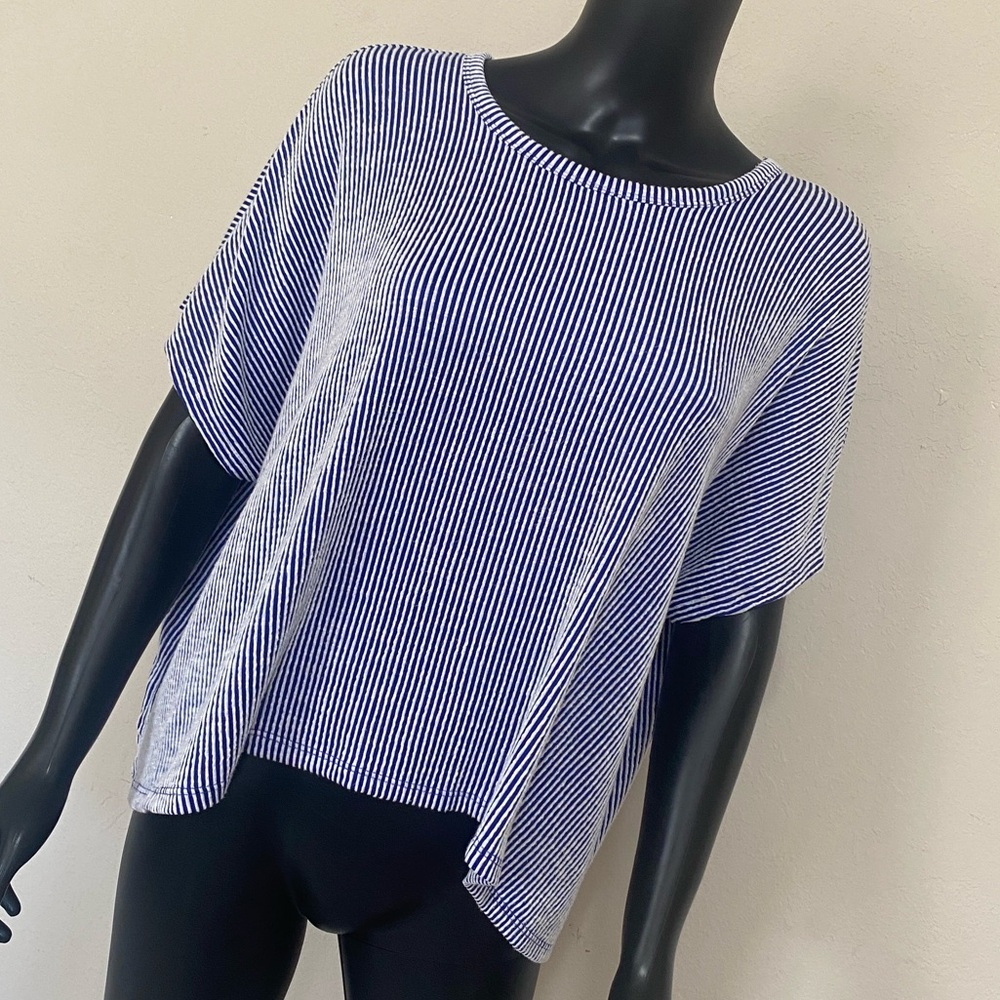 Zenana Outfitters Navy & White Striped Made you Look Short Sleeve Tunic Top